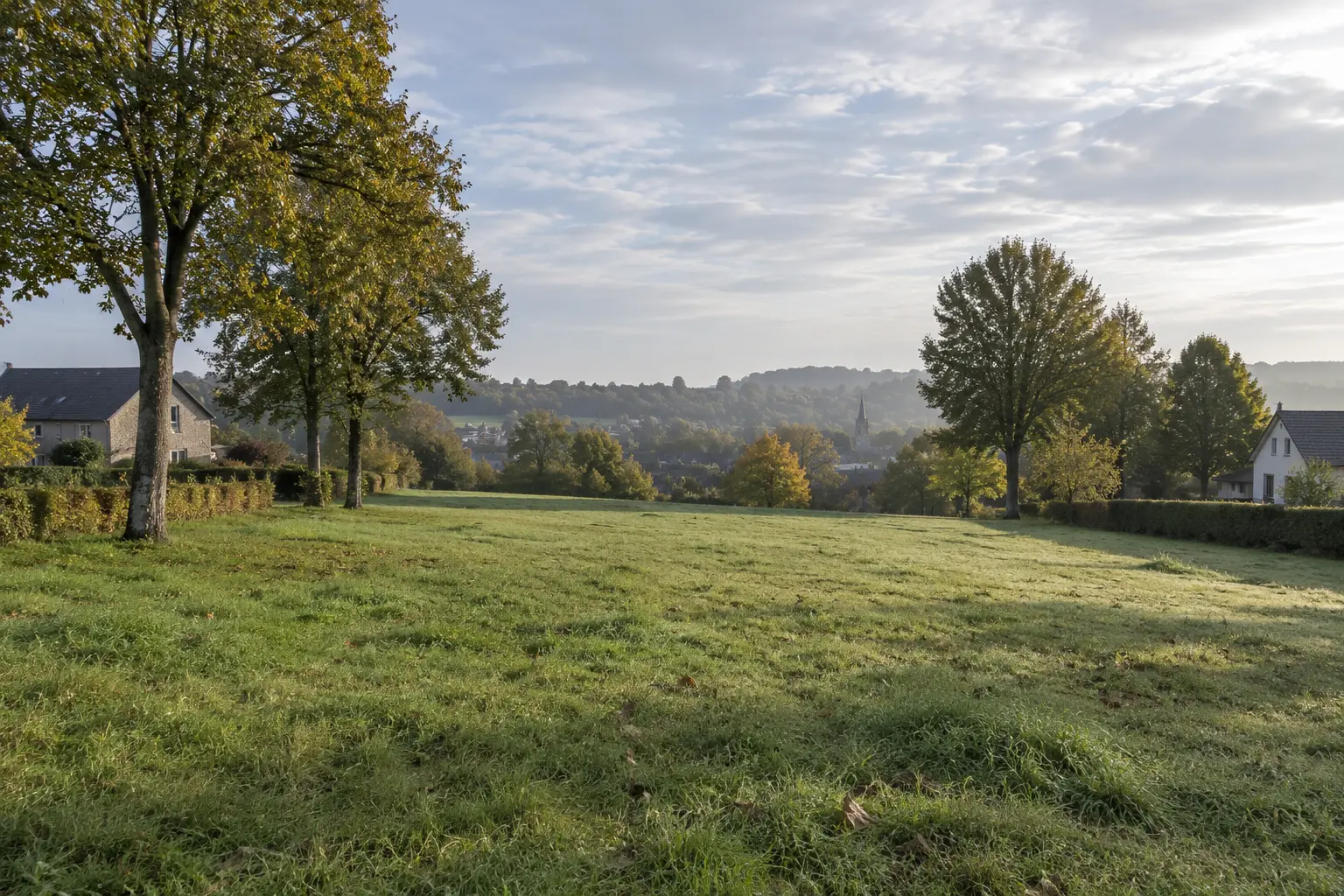 Open grasveld met bomen en uitzicht over het heuvellandschap als toekomstige bouwlocatie