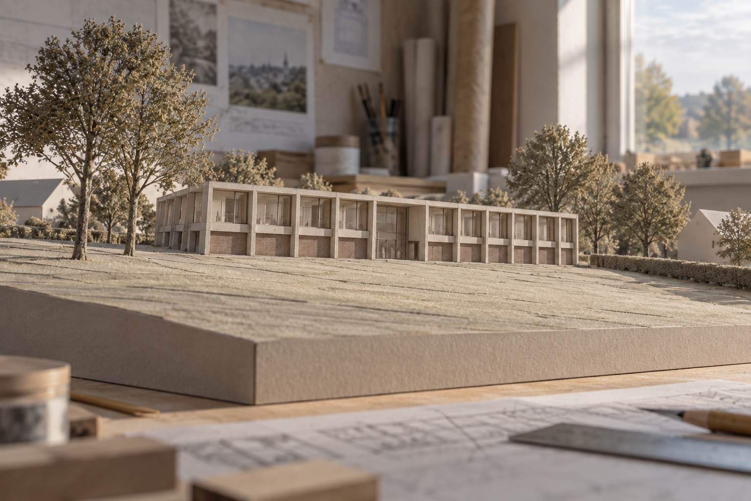 Fysieke architectuurmaquette van het gebouw op het glooiende terrein
