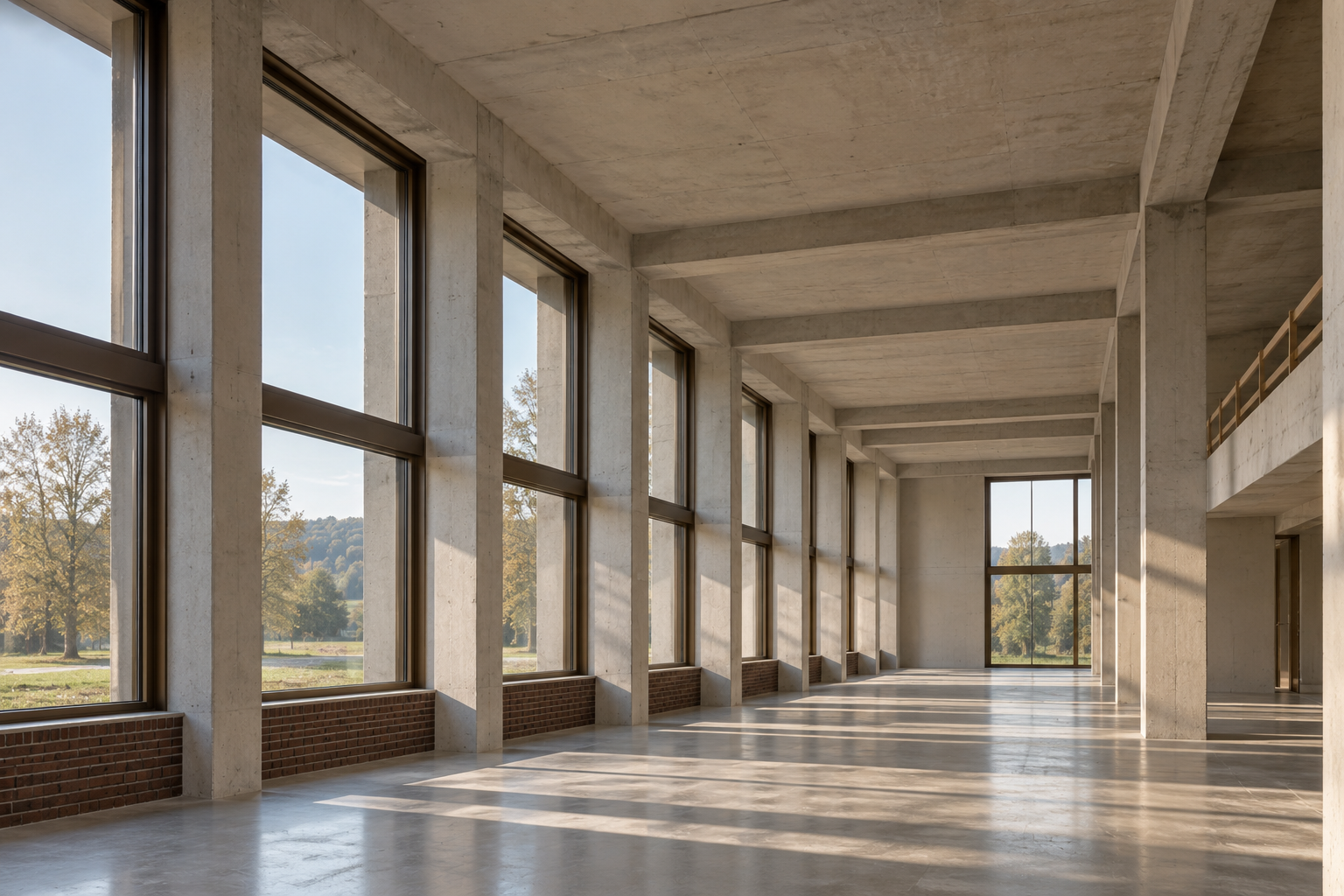 Ruwbouwinterieur met betonnen kolommen, liggers en hoge ramen in dezelfde architectuur