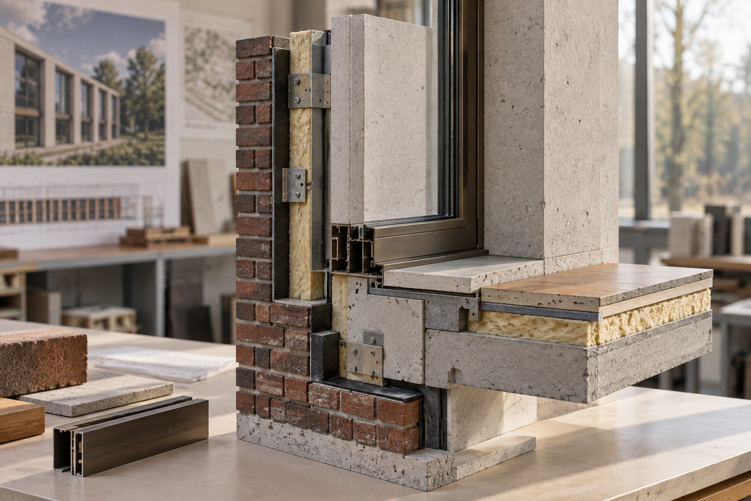 Bouwkundige mock-up van een raamdetail met baksteen, isolatie, beton en kozijn