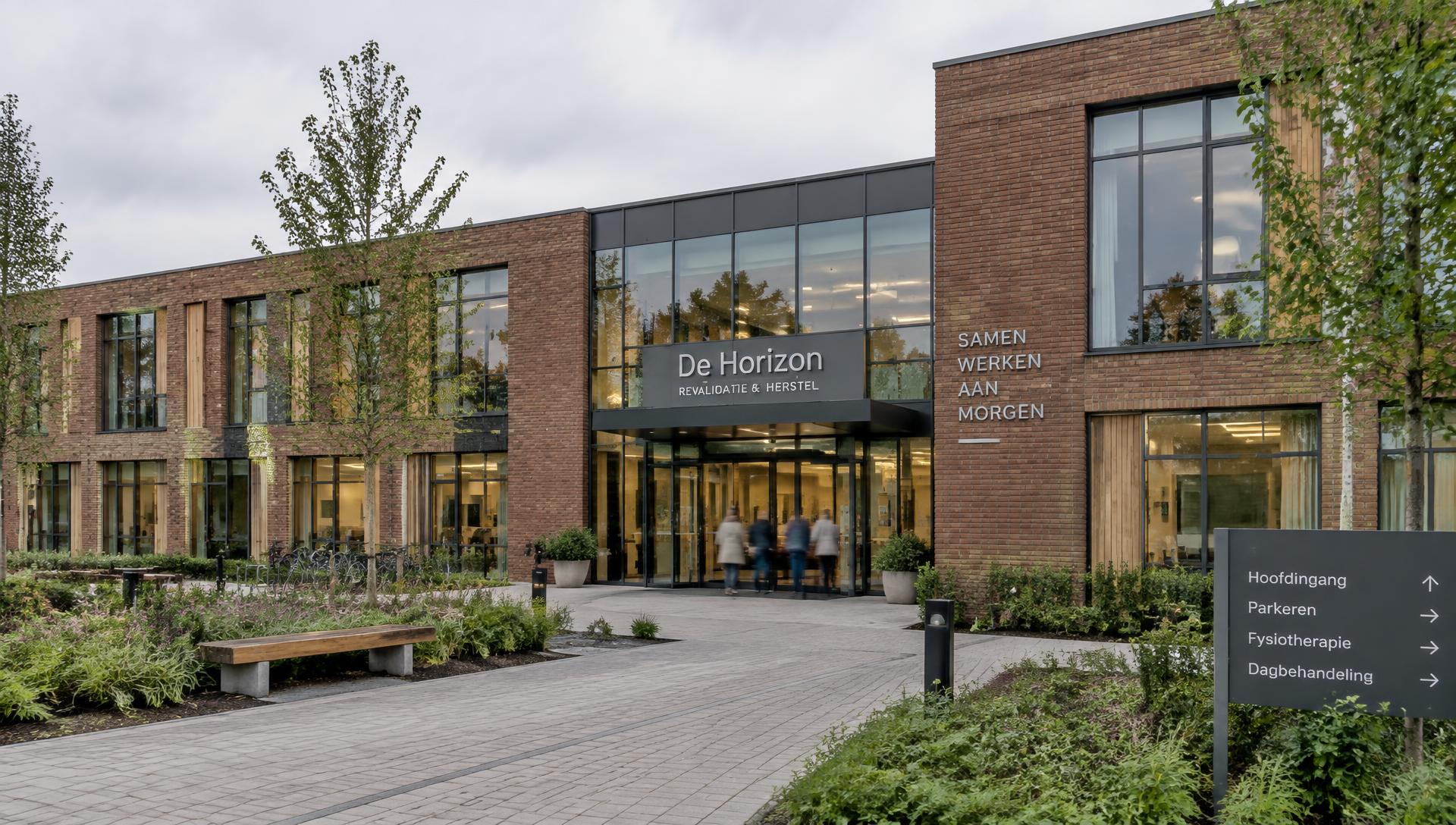 Fictief zorggebouw in baksteen en glas met daglicht en menselijke schaal